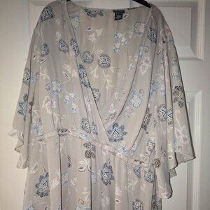 Torrid Gray Babydoll blouse with purple and blue paisley print plus size